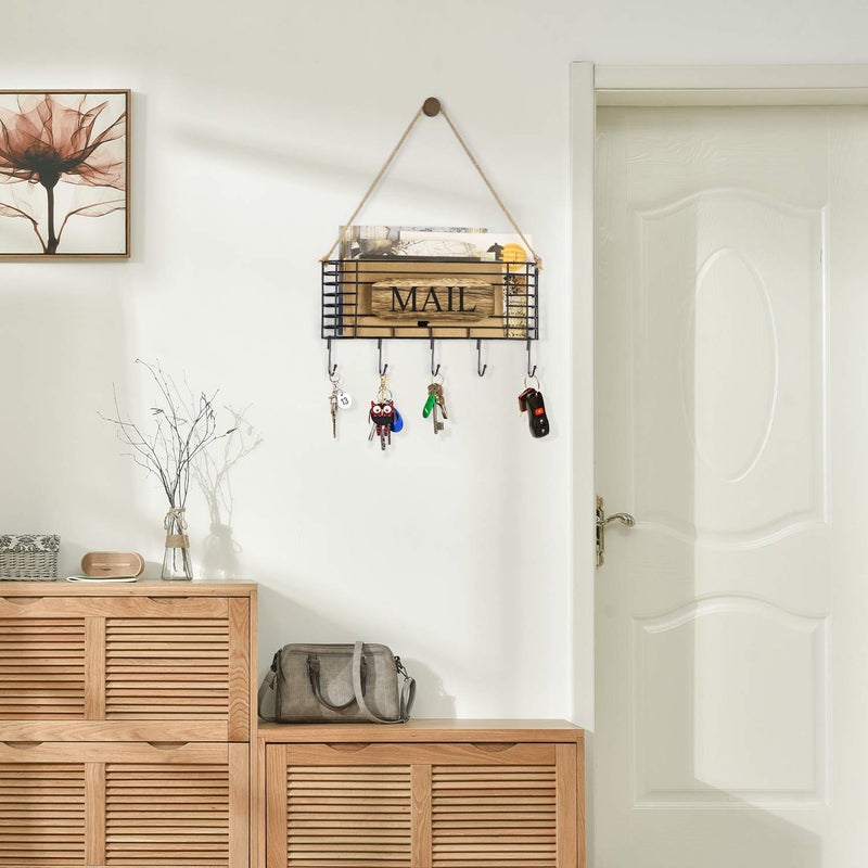 SRIWATANA Mail Holder, Rustic Mail Organizer Wall Mount Hanging Mail Sorter Letter Basket with 5 Key Holder for Wall, Large, Carbonized Black - Image 3